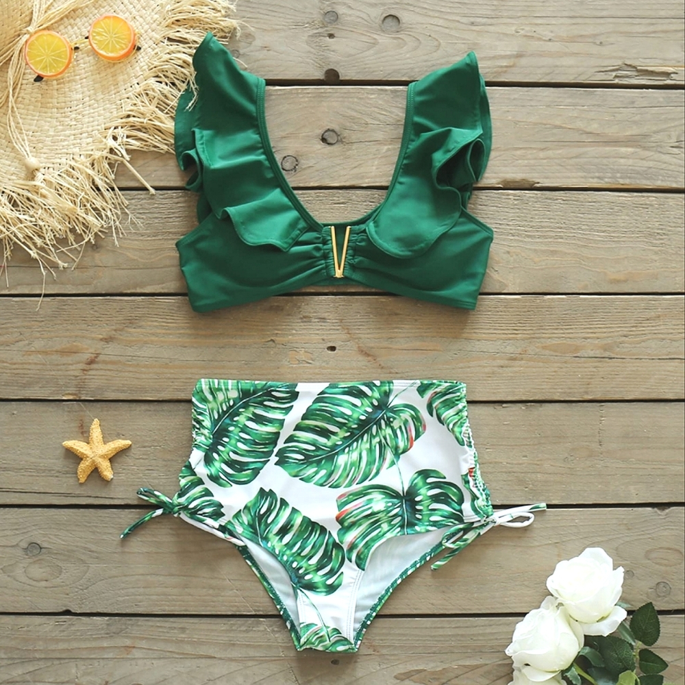 *NEW* SPORLIKE Women High Waisted Swimsuit V Neck Ruffle Bikini Set Green XLARGE